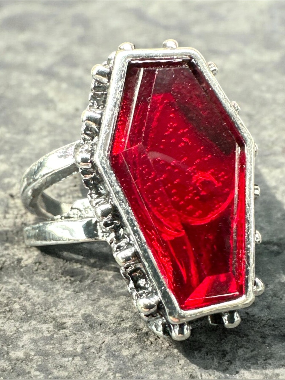 Gothic Silver Ring with Deep Red Coffin Gemstone
